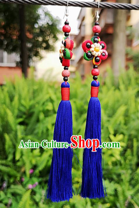 Chinese Traditional Ethnic Earrings Yunnan National Royalblue Tassel Ear Accessories for Women