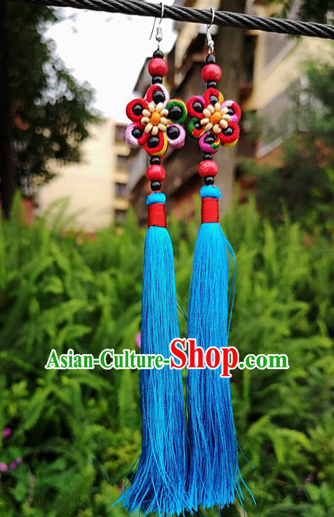 Chinese Traditional Ethnic Earrings Yunnan National Blue Tassel Ear Accessories for Women