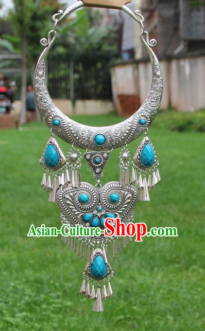 Chinese Traditional Yunnan Miao Minority Carving Sliver Blue Necklace Ethnic Tassel Accessories for Women