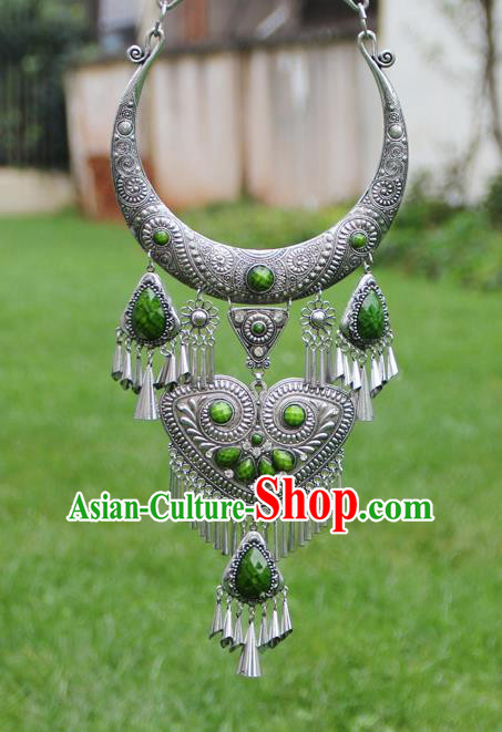 Chinese Traditional Yunnan Miao Minority Carving Sliver Green Necklace Ethnic Tassel Accessories for Women
