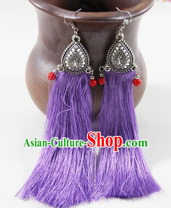 Chinese Traditional Ethnic Purple Tassel Earrings Yunnan National Ear Accessories for Women
