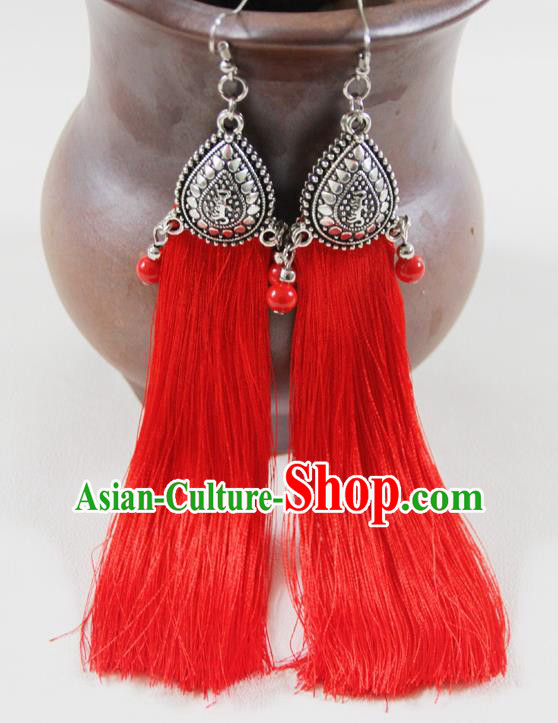 Chinese Traditional Ethnic Red Tassel Earrings Yunnan National Ear Accessories for Women