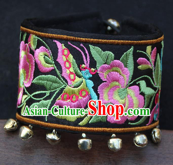 Chinese Traditional Ethnic Wrist Accessories Miao Nationality Embroidered Black Bracelet for Women