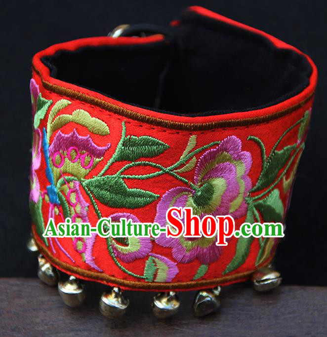 Chinese Traditional Ethnic Wrist Accessories Miao Nationality Embroidered Red Bracelet for Women