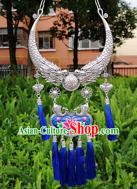 Chinese Traditional Minority Carving Dragons Embroidered Blue Necklace Ethnic Folk Dance Accessories for Women