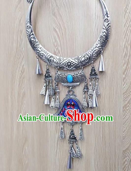 Chinese Traditional Minority Embroidered Blue Carving Necklace Ethnic Folk Dance Accessories for Women