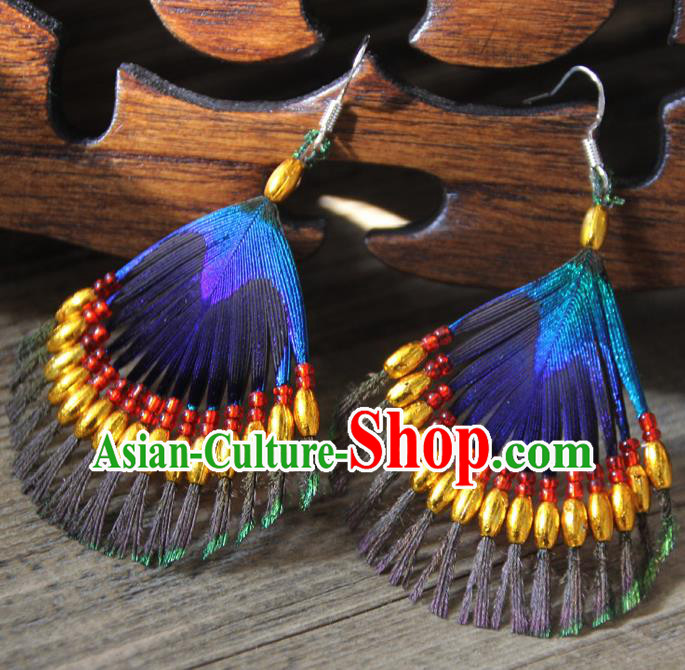 Chinese Traditional Ethnic Golden Beads Feather Earrings National Ear Accessories for Women