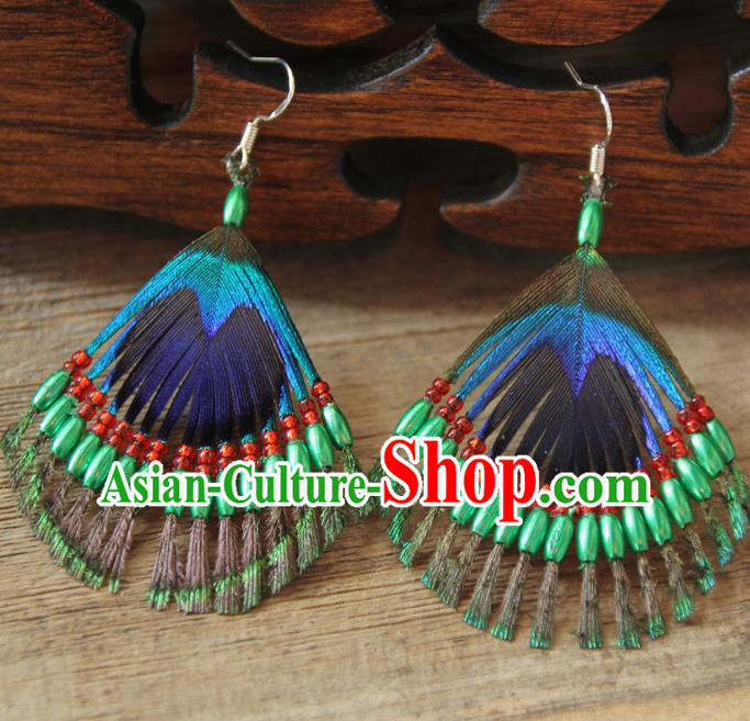 Chinese Traditional Ethnic Green Beads Feather Earrings National Ear Accessories for Women