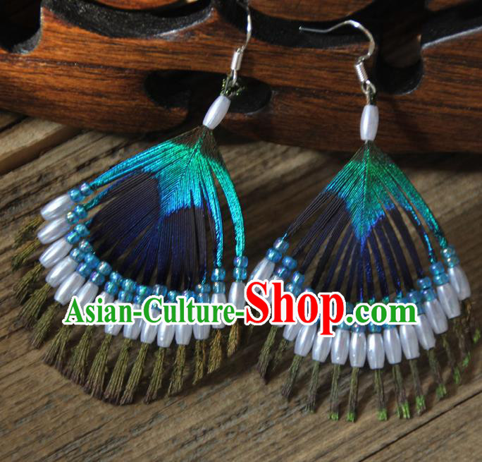 Chinese Traditional Ethnic White Beads Feather Earrings National Ear Accessories for Women