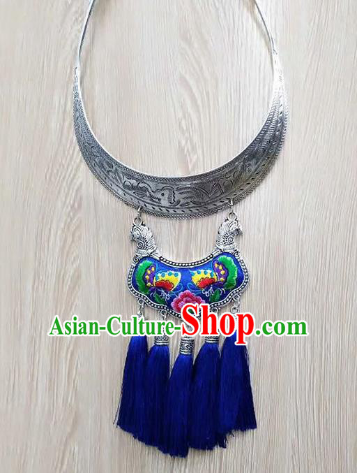 Chinese Traditional Miao Minority Blue Embroidered Sliver Necklace Ethnic Folk Dance Accessories for Women