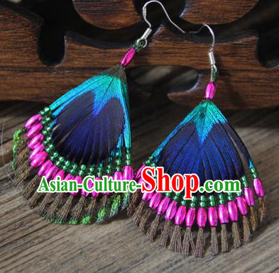 Chinese Traditional Ethnic Rosy Beads Feather Earrings National Ear Accessories for Women