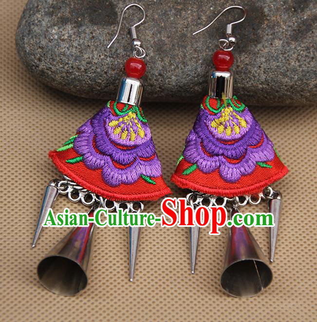 Chinese Traditional Ethnic Embroidered Purple Peony Earrings National Ear Accessories for Women