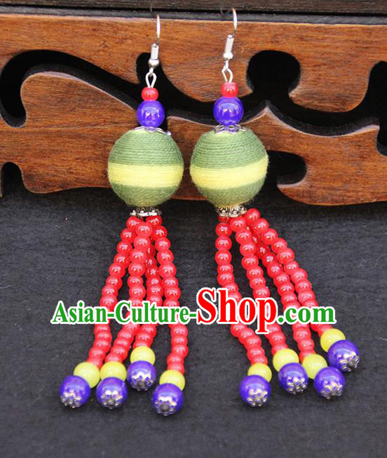 Chinese Traditional Ethnic Beads Tassel Green Venonat Earrings National Ear Accessories for Women