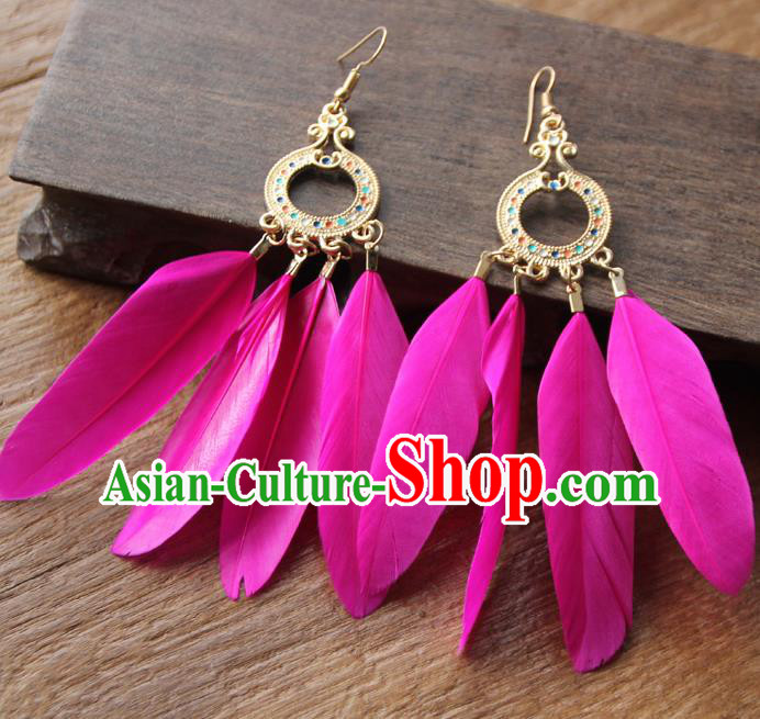 Chinese Traditional Ethnic Rosy Feather Earrings National Ear Accessories for Women