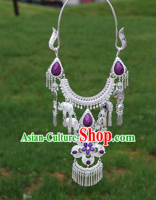 Chinese Traditional Miao Minority Purple Flowers Crystal Necklace Ethnic Accessories for Women