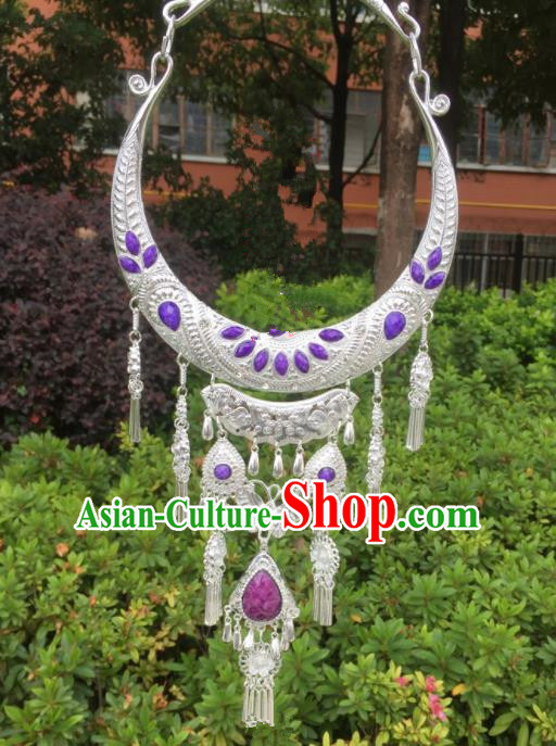 Chinese Traditional Jingpo Minority Purple Tassel Necklace Ethnic Folk Dance Accessories for Women