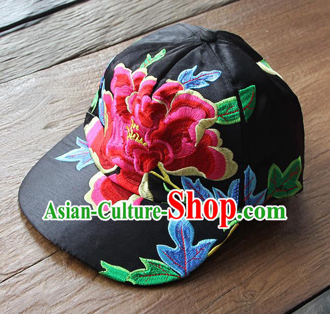 Chinese Traditional Embroidered Red Peony Baseball Cap Yunnan Minority Black Hat for Women