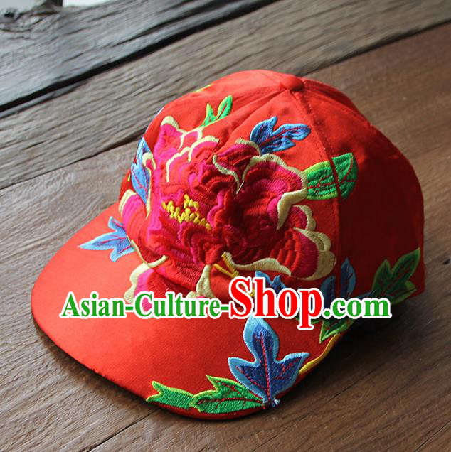 Chinese Traditional Embroidered Peony Red Baseball Cap Yunnan Minority Hat for Women