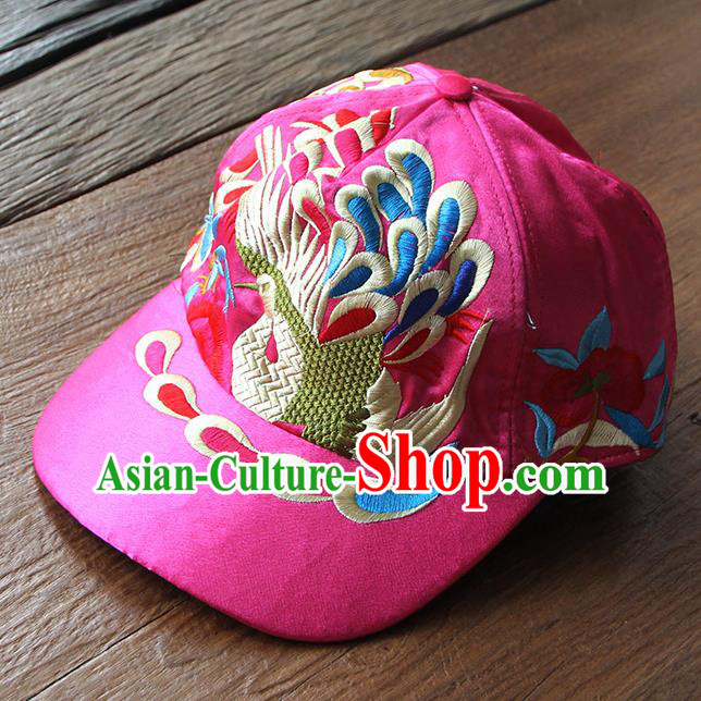 Chinese Traditional Embroidered Peacock Rosy Baseball Cap Yunnan Minority Hat for Women