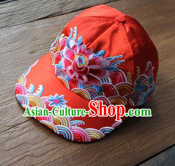 Chinese Traditional Embroidered Peony Red Baseball Cap Yunnan Minority Hat for Women