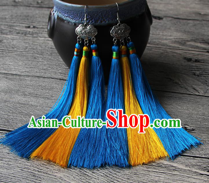 Chinese Traditional Ethnic Yellow and Blue Tassel Earrings National Longevity Lock Ear Accessories for Women