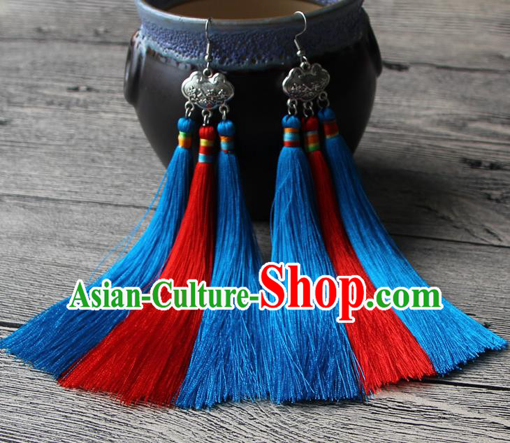 Chinese Traditional Ethnic Red and Blue Tassel Earrings National Longevity Lock Ear Accessories for Women