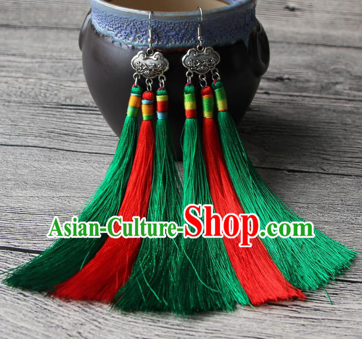 Chinese Traditional Ethnic Red and Green Tassel Earrings National Longevity Lock Ear Accessories for Women