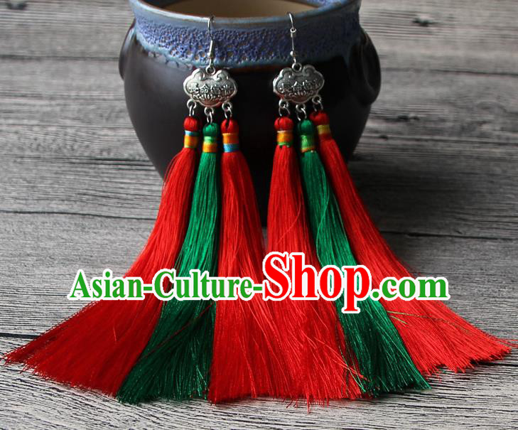 Chinese Traditional Ethnic Green and Red Tassel Earrings National Longevity Lock Ear Accessories for Women