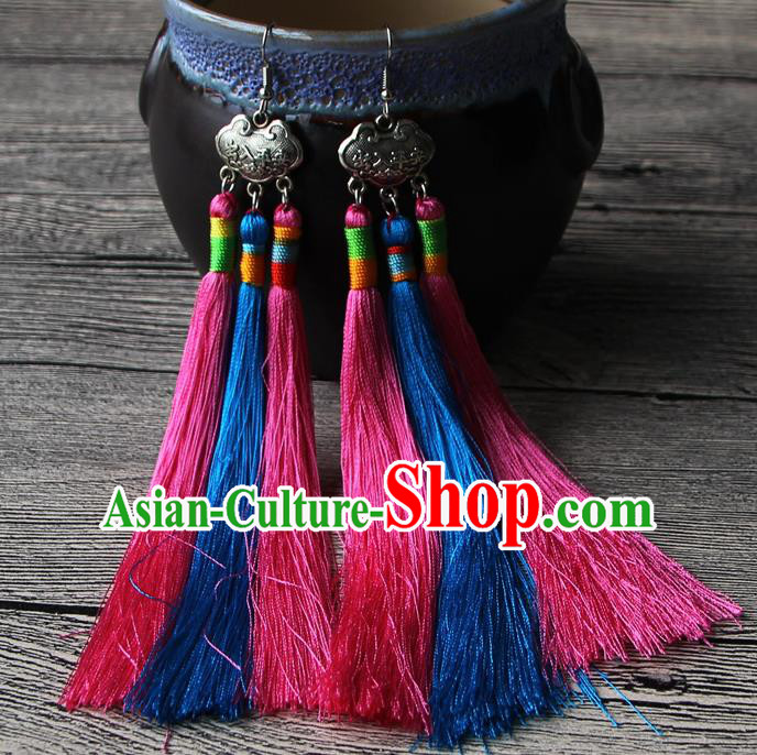 Chinese Traditional Ethnic Pink and Blue Tassel Earrings National Longevity Lock Ear Accessories for Women