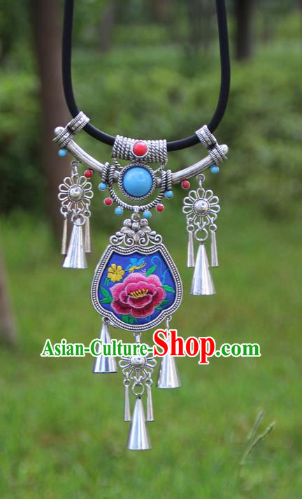 Chinese Traditional Minority Blue Embroidered Necklace Ethnic Folk Dance Accessories for Women