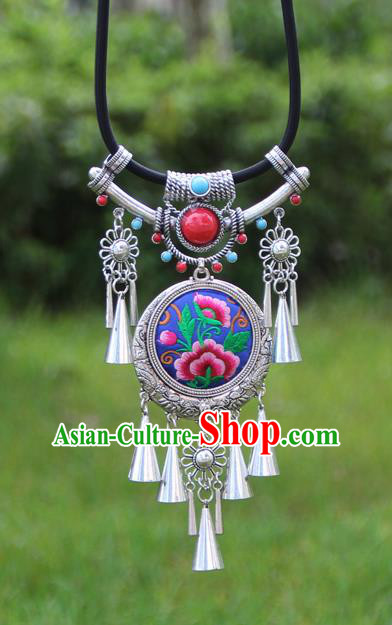 Chinese Traditional Minority Embroidered Peony Blue Necklace Ethnic Folk Dance Accessories for Women