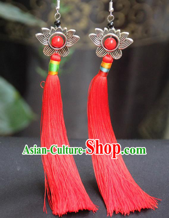 Chinese Traditional Ethnic Red Tassel Lotus Earrings National Ear Accessories for Women