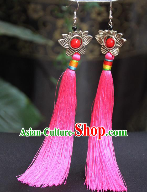 Chinese Traditional Ethnic Pink Tassel Lotus Earrings National Ear Accessories for Women