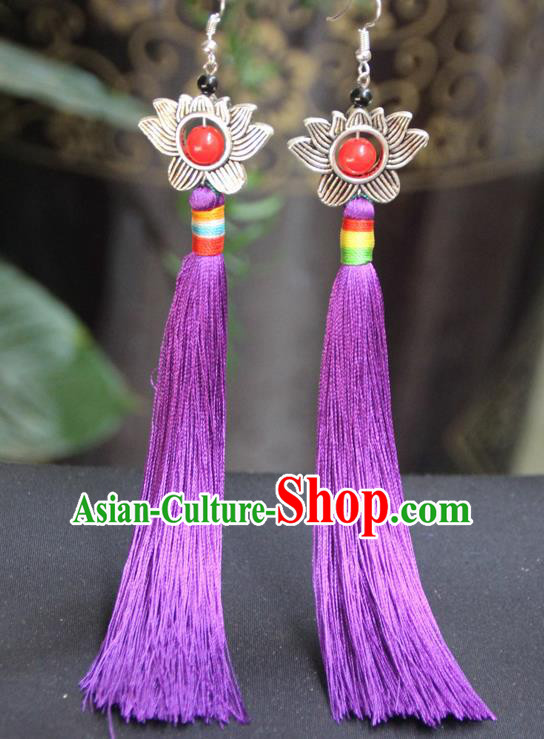 Chinese Traditional Ethnic Purple Tassel Lotus Earrings National Ear Accessories for Women