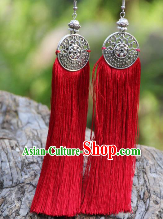 Chinese Traditional Ethnic Bride Earrings National Red Tassel Ear Accessories for Women