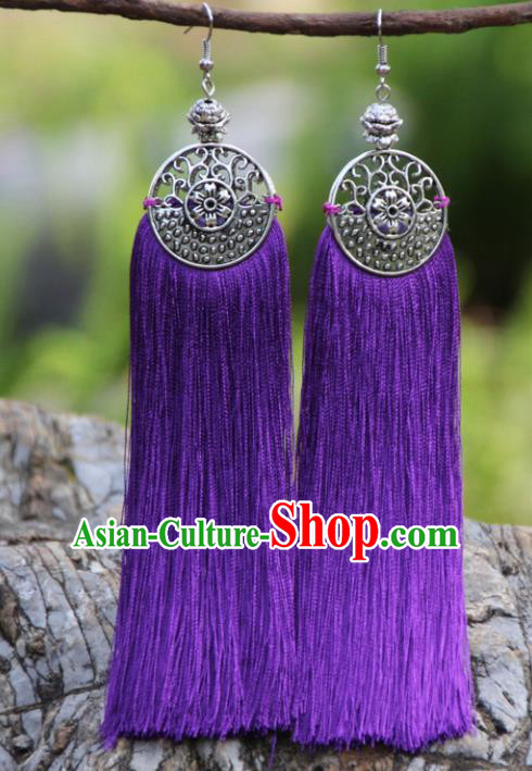 Chinese Traditional Ethnic Bride Earrings National Purple Tassel Ear Accessories for Women