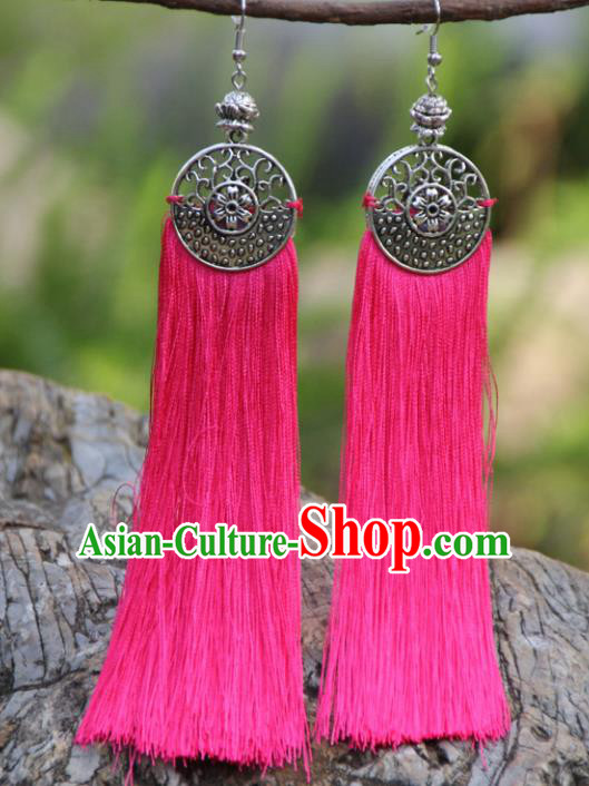 Chinese Traditional Ethnic Bride Earrings National Pink Tassel Ear Accessories for Women