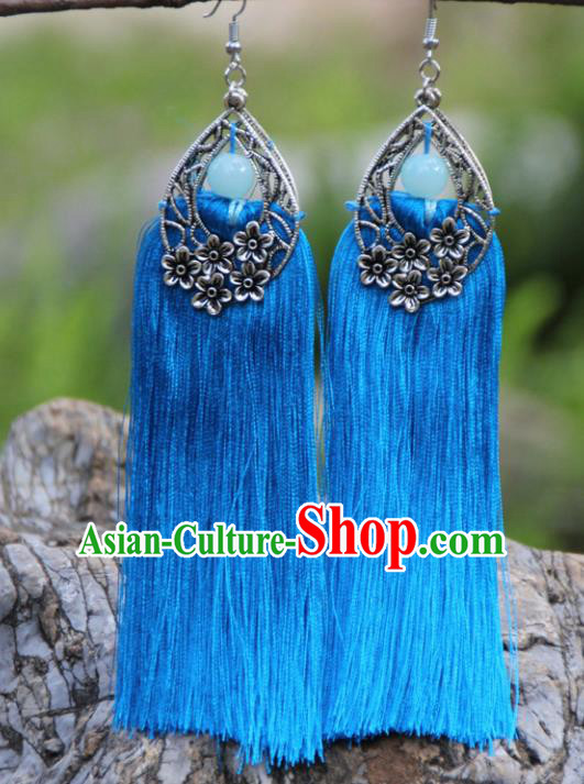 Chinese Traditional National Ethnic Bride Earrings Blue Tassel Ear Accessories for Women