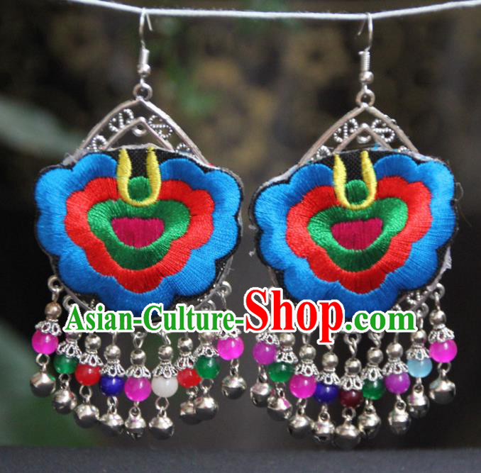 Chinese Traditional National Ethnic Earrings Embroidered Blue Ear Accessories for Women