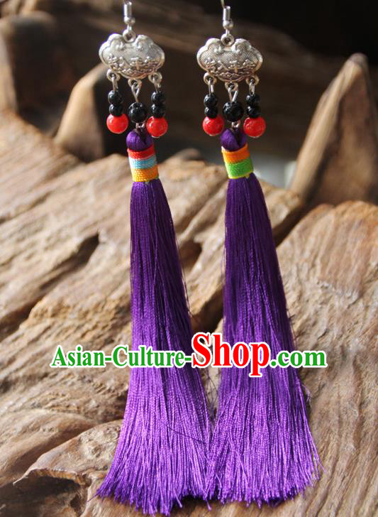Chinese Traditional Ethnic Purple Tassel Longevity Lock Earrings National Ear Accessories for Women