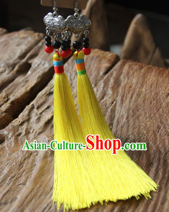 Chinese Traditional Ethnic Yellow Tassel Longevity Lock Earrings National Ear Accessories for Women