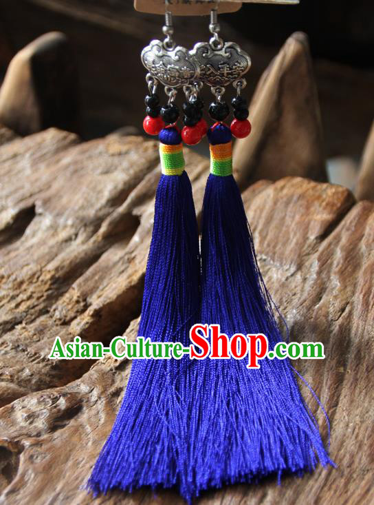Chinese Traditional Ethnic Royalblue Tassel Longevity Lock Earrings National Ear Accessories for Women