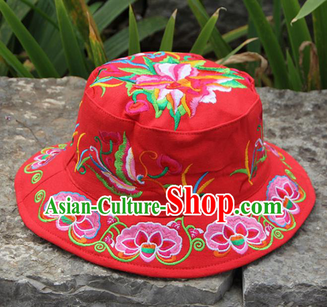 Chinese Traditional National Embroidered Peony Red Hat for Women