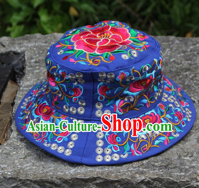 Chinese Traditional National Handmade Embroidered Peony Blue Hat for Women