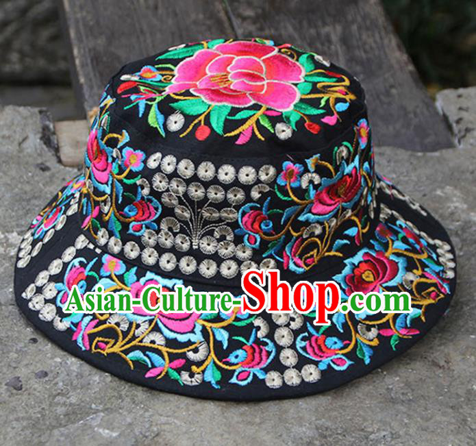 Chinese Traditional National Handmade Embroidered Peony Black Hat for Women