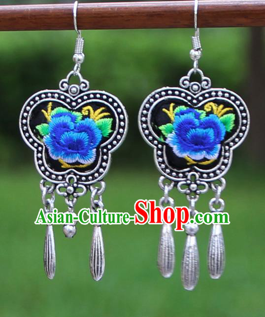 Chinese Traditional National Handmade Embroidered Blue Peony Earrings for Women