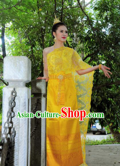 Asian Traditional Thailand Costumes National Handmade Embroidered Yellow Dress for Women