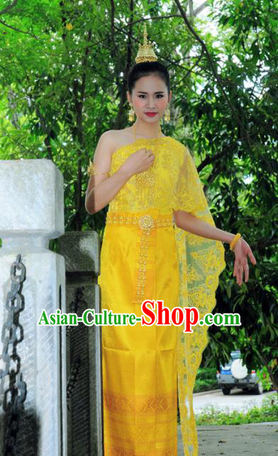 Asian Traditional Thailand Costumes National Handmade Embroidered Yellow Dress for Women