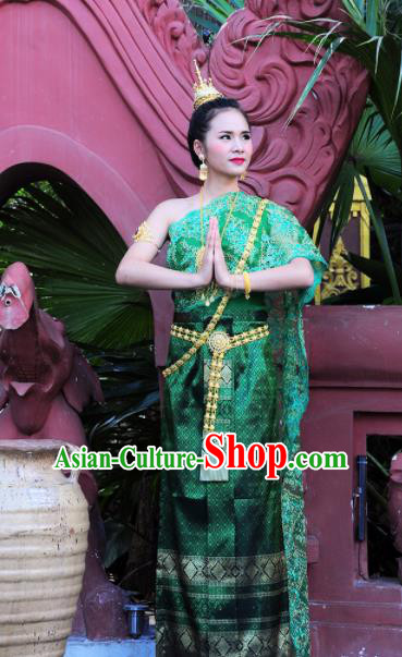 Asian Traditional Thailand Costumes National Handmade Embroidered Green Dress for Women