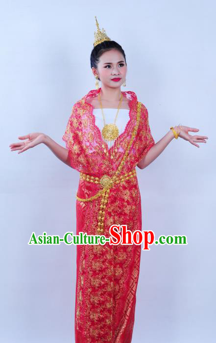 Asian Traditional Thailand Costumes National Handmade Embroidered Red Dress for Women